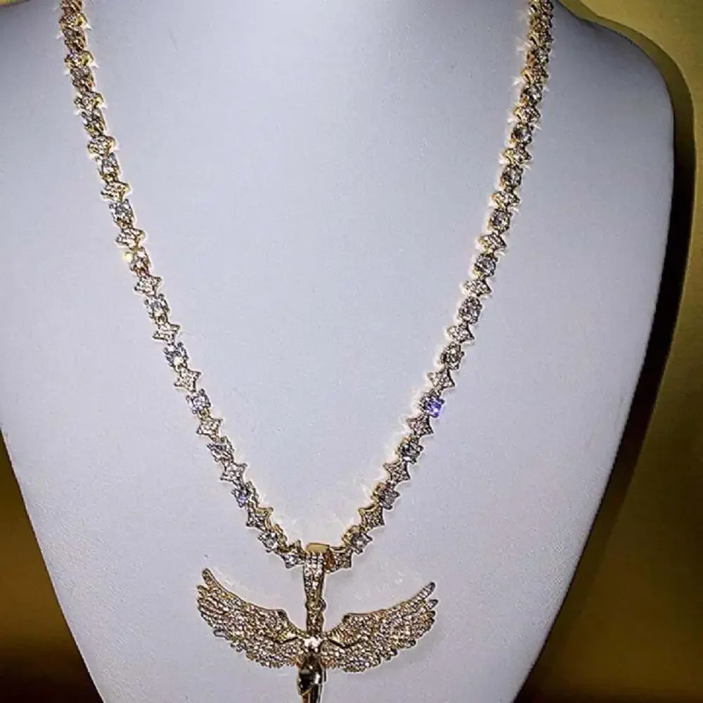 Gold Tennis Star & Angel Pendant Necklace – 20 Inch
